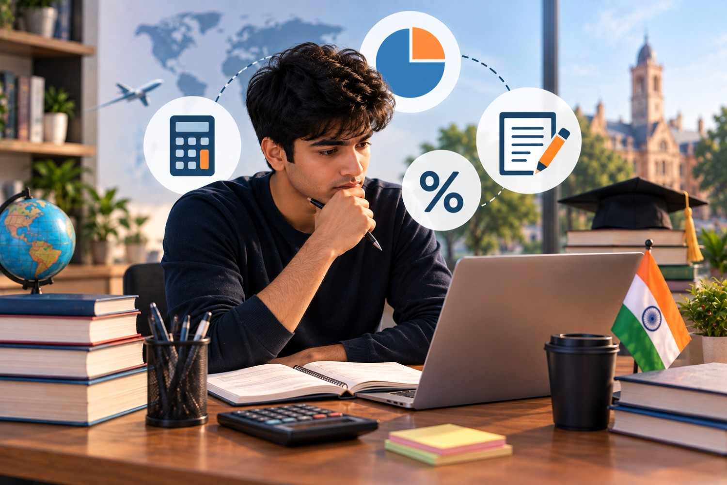 Indian student preparing for GMAT percentage questions at a desk with a calculator, notebook, laptop, percentage symbol, study materials, globe, and Indian flag.